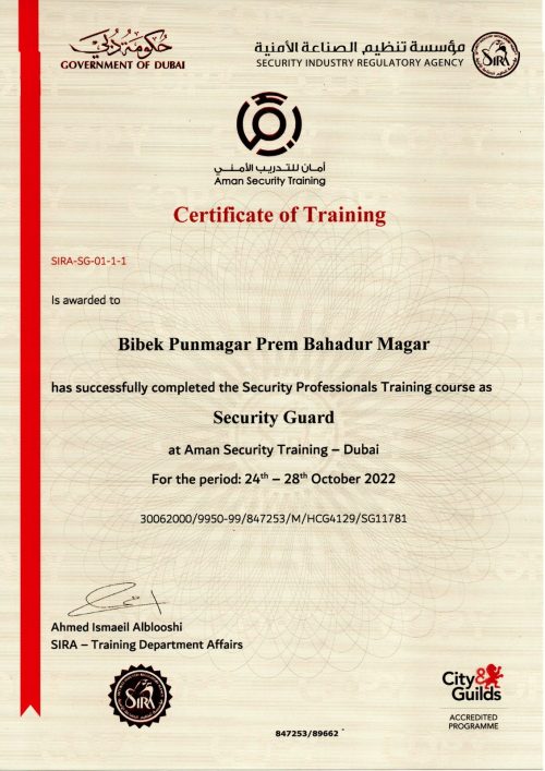 Severity Security & Guarding Services LLC Certificate of training